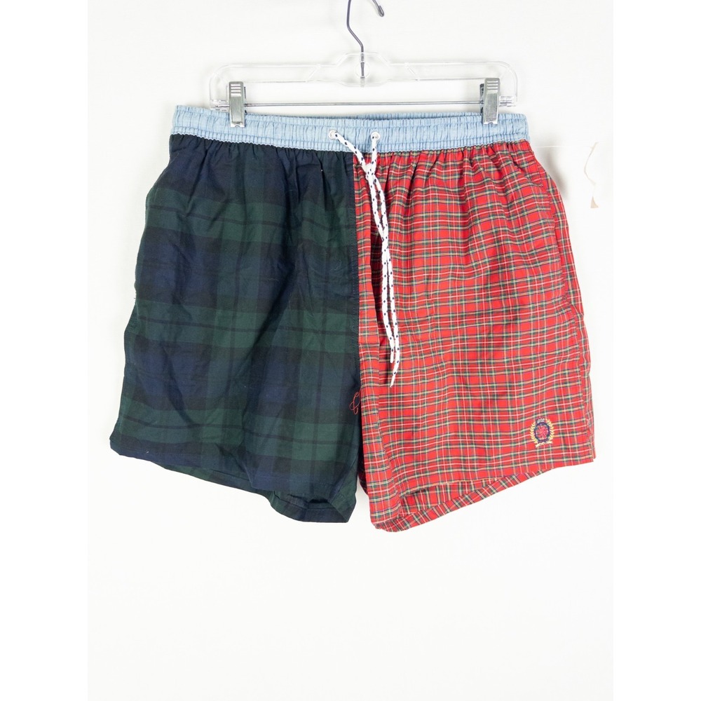 Tommy Hilfiger Swim Trunks Mens XL Red Green Tartan Plaid Vintage 90s Crest
